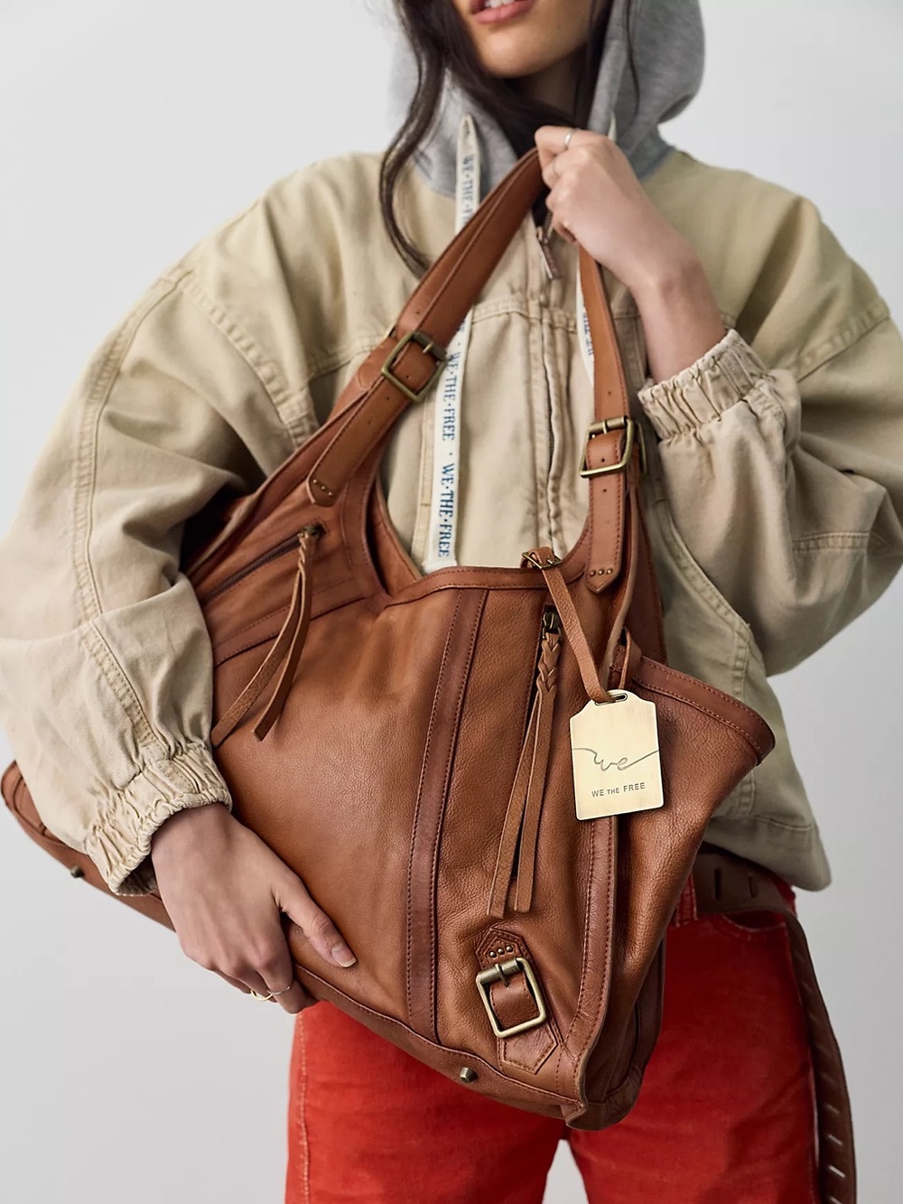 NWT Free People Emery Winged Tote Bag Saddle